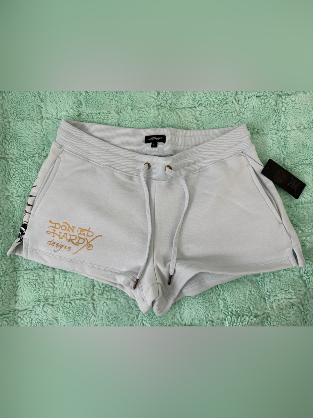 Ed Hardy Light Blue Logo Drawstring Athletic Shorts with Gold Accent